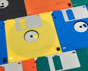 Colorful floppy disks laid out side by side
