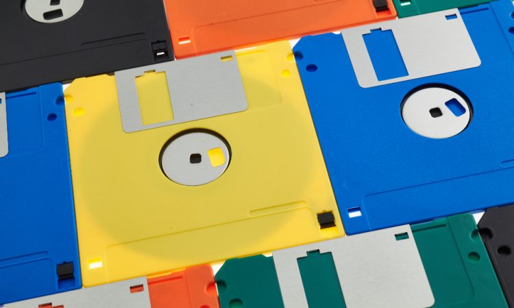 Colorful floppy disks laid out side by side